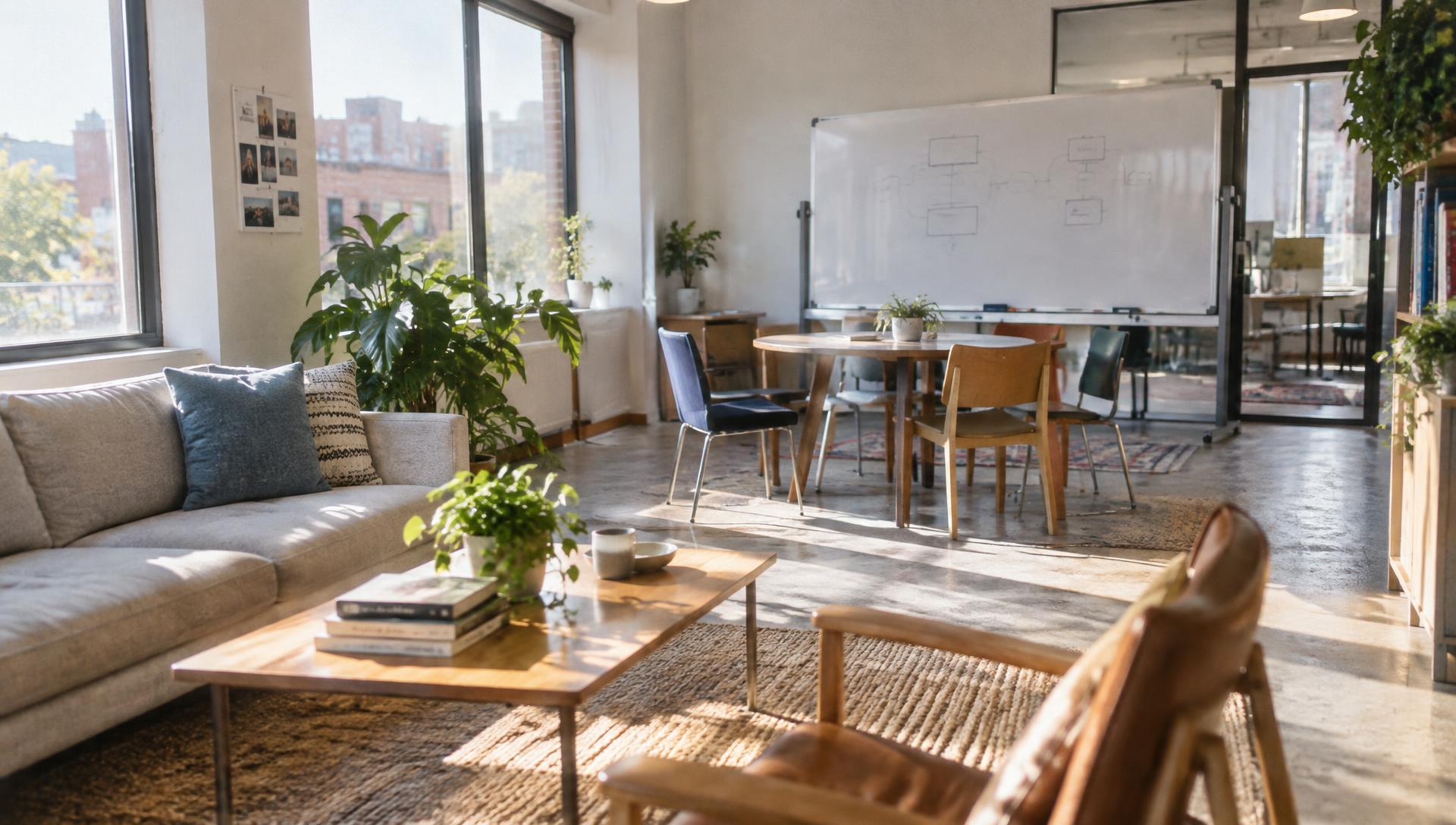 Bright, modern office lounge where F&A meets clients